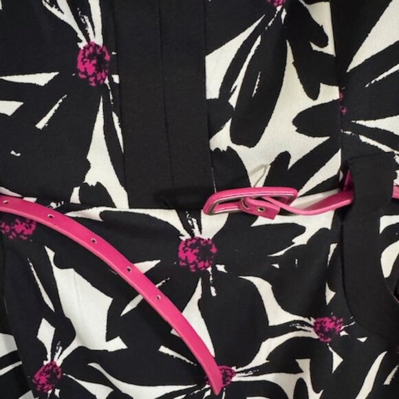 London Times V-Neck Sheath Silhouette Black & White Floral Dress w/Belt Sz 8 - Picture 4 of 8